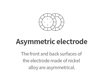 비대칭형 전극 니켈로 구성된 전극의 앞면과 뒷면이
비대칭형태로 구성되어 있다 Asymmetric Electrode Structure
